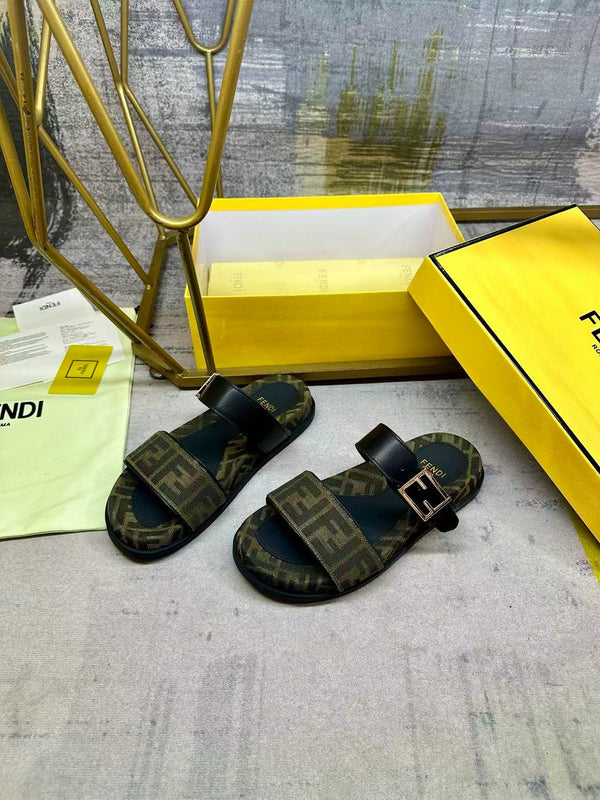 Fend Feel Double-Strap Sandals Black Monogram Canvas Leather Slides