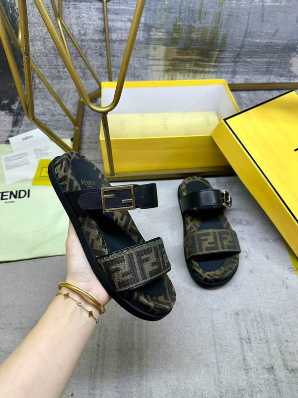 Fend Feel Double-Strap Sandals Black Monogram Canvas Leather Slides