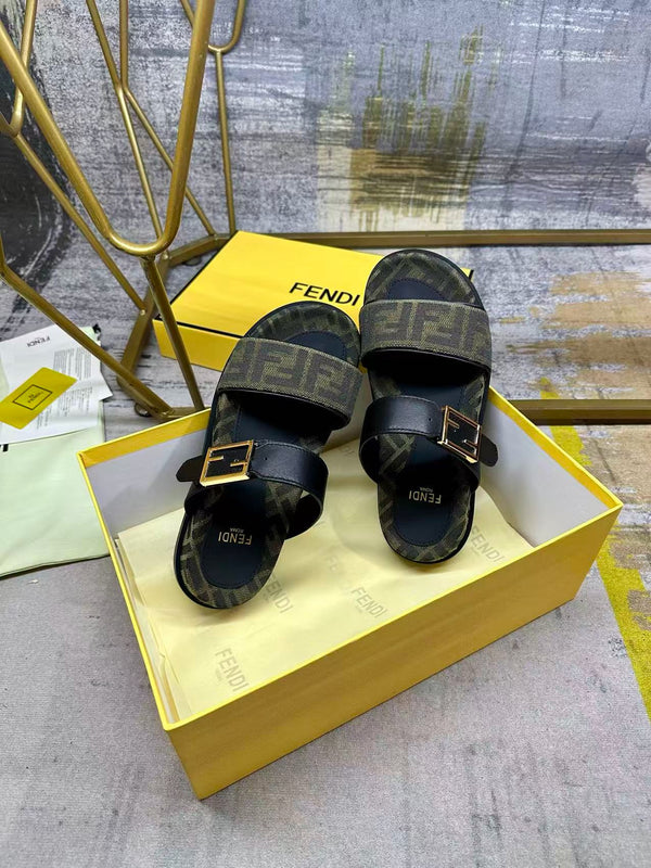 Fend Feel Double-Strap Sandals Black Monogram Canvas Leather Slides