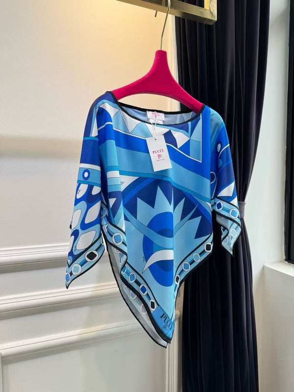 Pucci Vivara Print Cape Blouse Blue Silk
