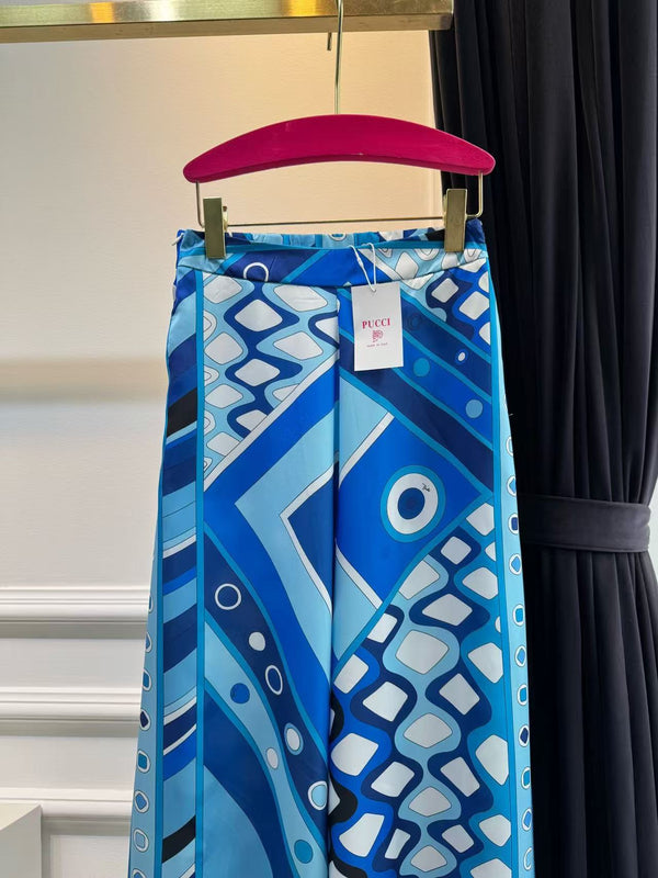 Pucci Vivara Print High-Rise Wide-Leg Pants Blue Silk