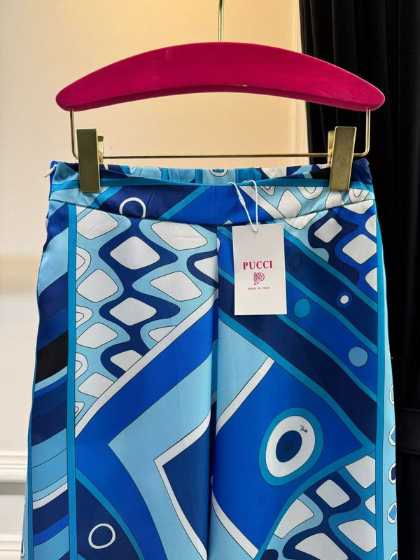 Pucci Vivara Print High-Rise Wide-Leg Pants Blue Silk