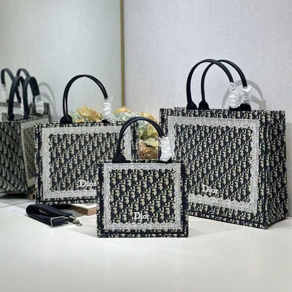 CD Book Tote Blue Dior Oblique Embroidery and White Lace