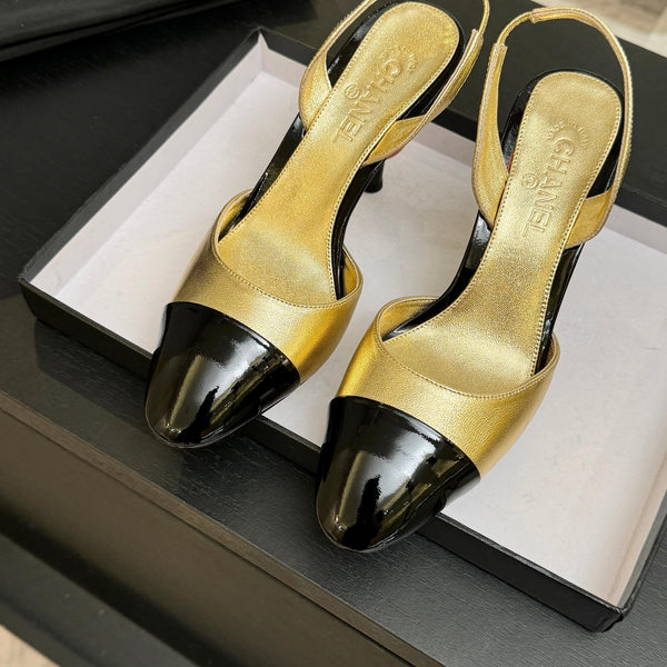 CC Métiers d'Art Apple Slingback Pumps 8.5cm Black Gold Metalic Leather