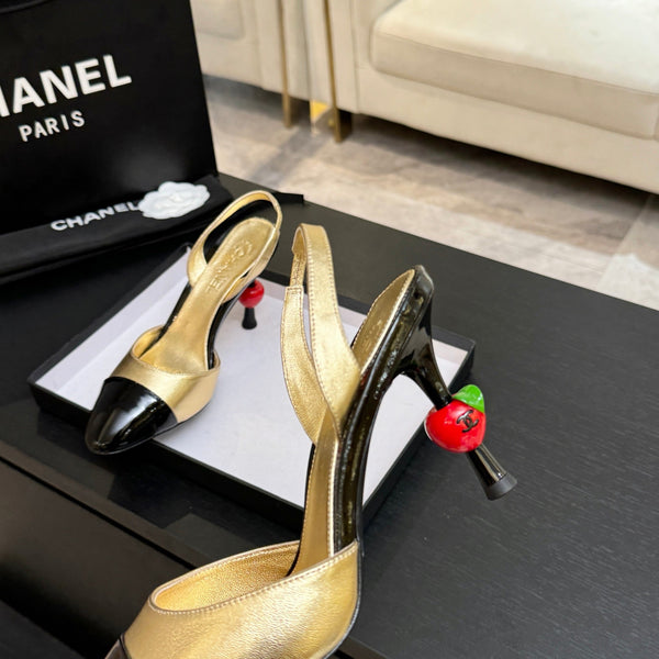 CC Métiers d'Art Apple Slingback Pumps 8.5cm Black Gold Metalic Leather