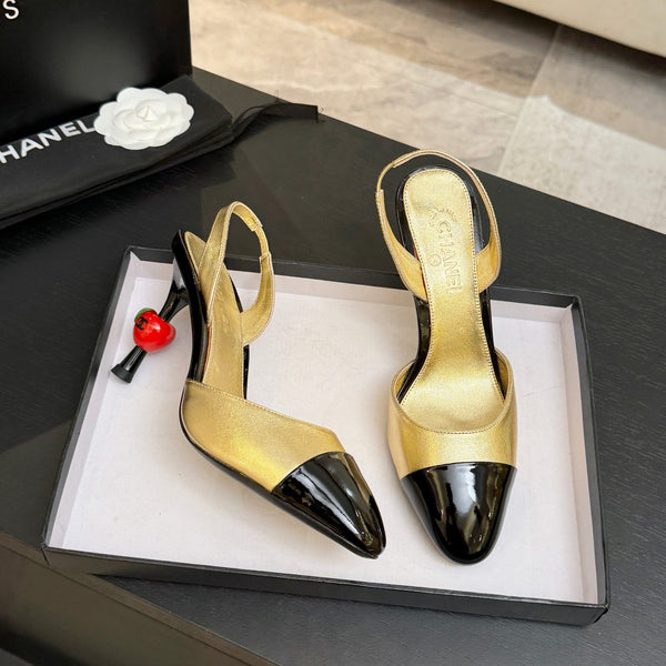 CC Métiers d'Art Apple Slingback Pumps 8.5cm Black Gold Metalic Leather