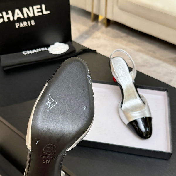 CC Métiers d'Art Apple Slingback Pumps 8.5cm Black Silver Metalic Leather