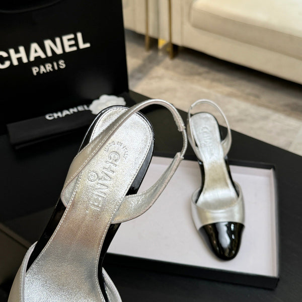 CC Métiers d'Art Apple Slingback Pumps 8.5cm Black Silver Metalic Leather