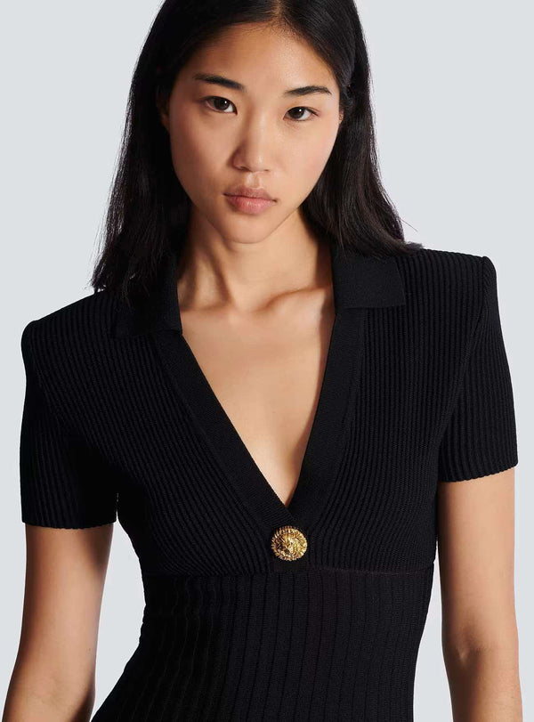 Balmain Short Flared Knit Dress Black With Gold Button