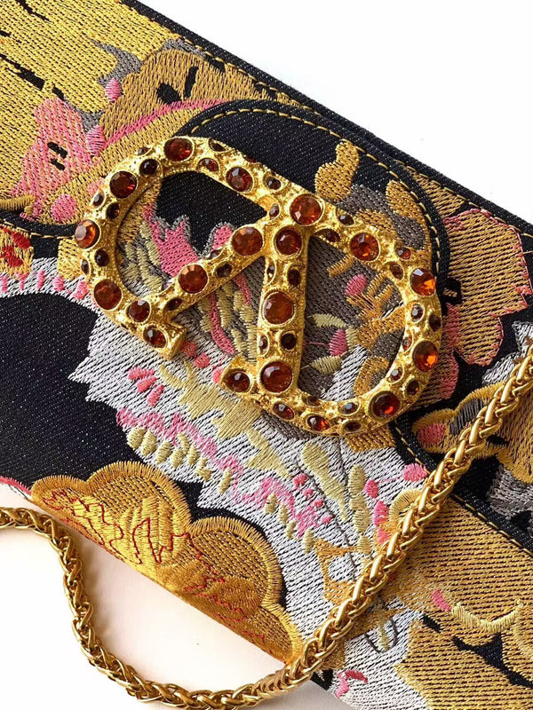 VLTN Locò Small Shoulder Bag Floral Embroidery 20cm Black Calfskin