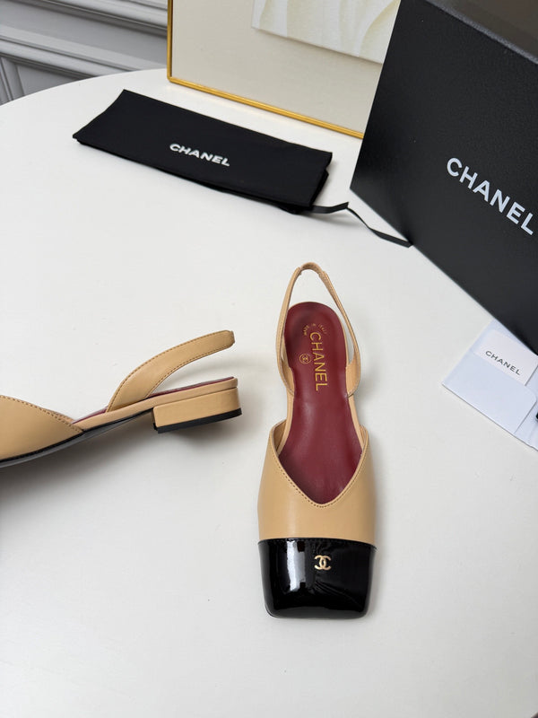 CC 26s Square Toe Slingbacks Slingback Flats Black Beige Leather