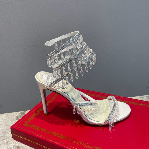 RC 25 Crystal Tassel High-Heeled Sandals Ivory Silk Crystal Diamond