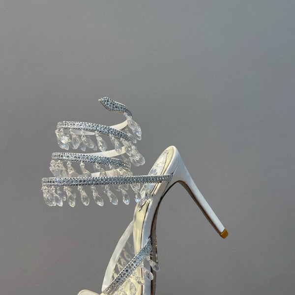 RC 25 Crystal Tassel High-Heeled Sandals Ivory Silk Crystal Diamond