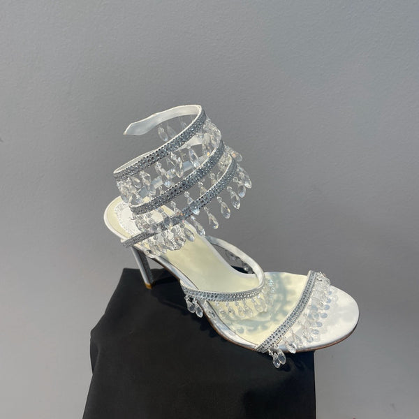 RC 25 Crystal Tassel High-Heeled Sandals Ivory Silk Crystal Diamond