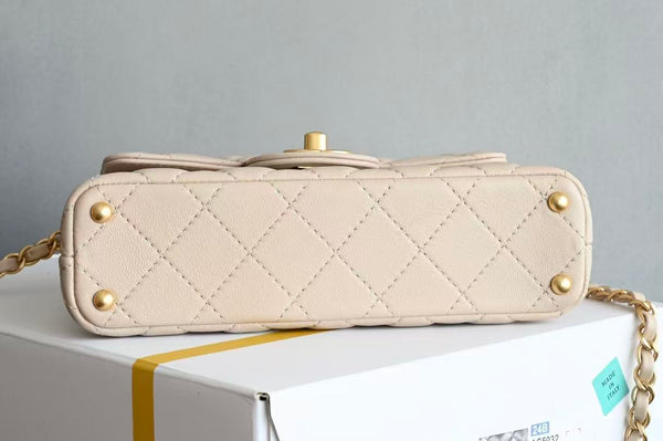 CC Small Top Handle Flap Bag Beige 22cm Lambskin Gold Hardware