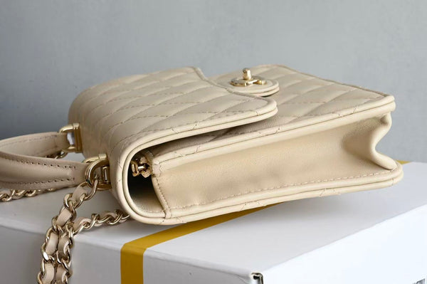 CC Top Handle Bag Beige 18cm Lambskin Gold Hardware