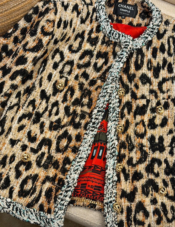 CC Métiers d'Art Leopard Jacket Gold Lion Buttons Brown Black Tweed 418391