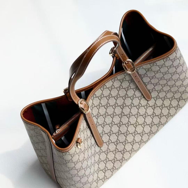 GG Emblem Maxi Tote Bag Beige Brown Monogram Coated Fabric