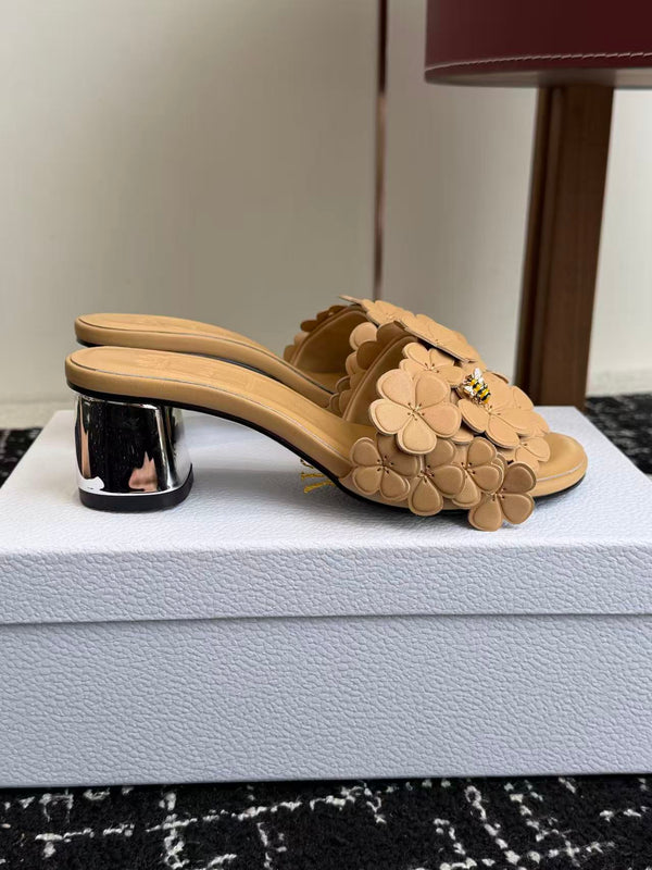 CD Bloom Mules 4.5CM Beige Leather Flowers Bee Accent 966853