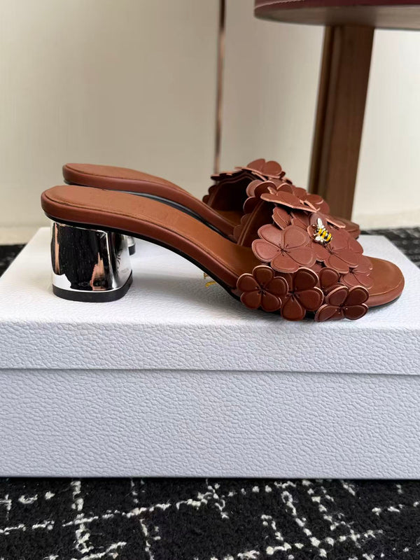 CD Bloom Mules 4.5CM Brown Leather Flowers Bee Accent 966854