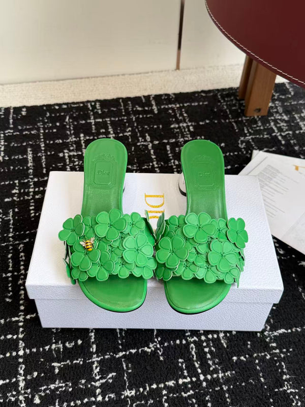 CD Bloom Mules 4.5CM Green Leather Flowers Bee Accent 966855
