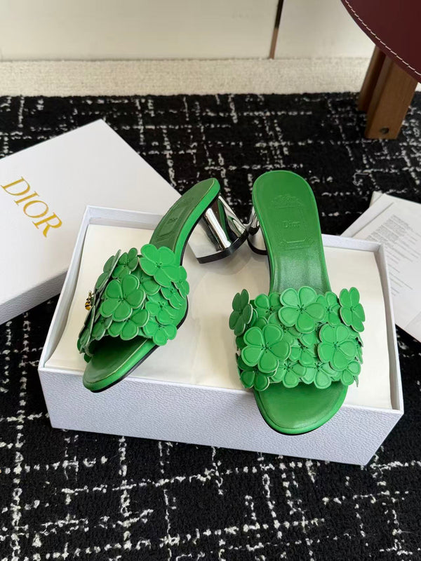 CD Bloom Mules 4.5CM Green Leather Flowers Bee Accent 966855