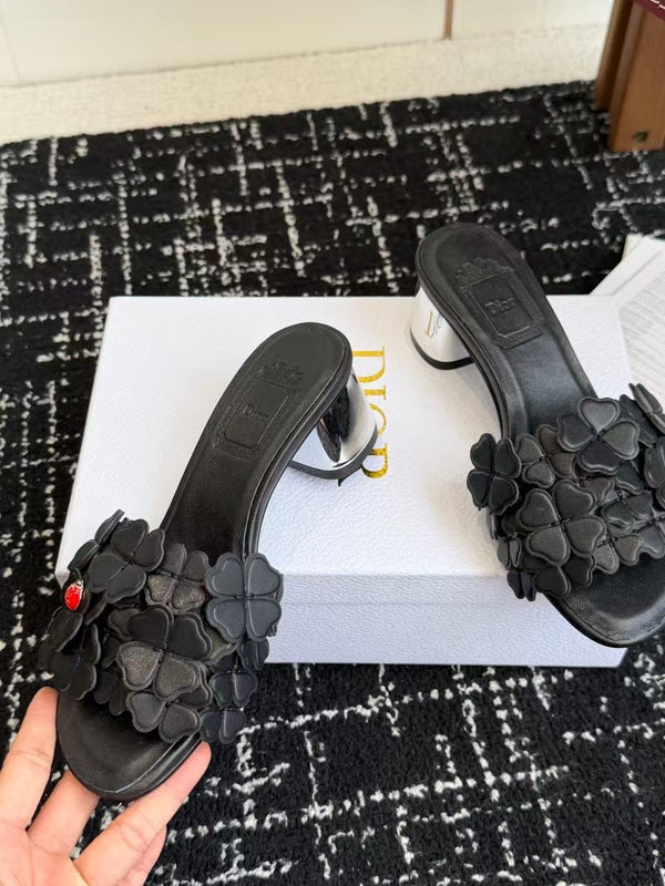 CD Bloom Mules 4.5CM Black Leather Flowers Bee Accent 966856