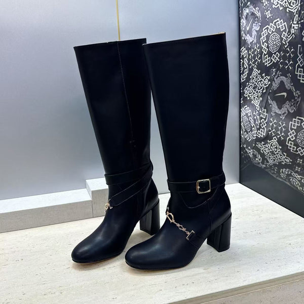 CD Michael Kors Hamilton Boots Gold Chain Buckle Black Leather