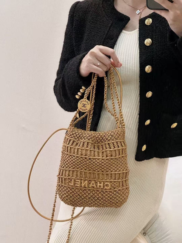 CC Metallic Macramé Mini Chanel Hobo Bag 23cm Gold Calfskin
