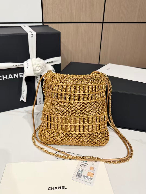 CC Metallic Macramé Mini Chanel Hobo Bag 23cm Gold Calfskin