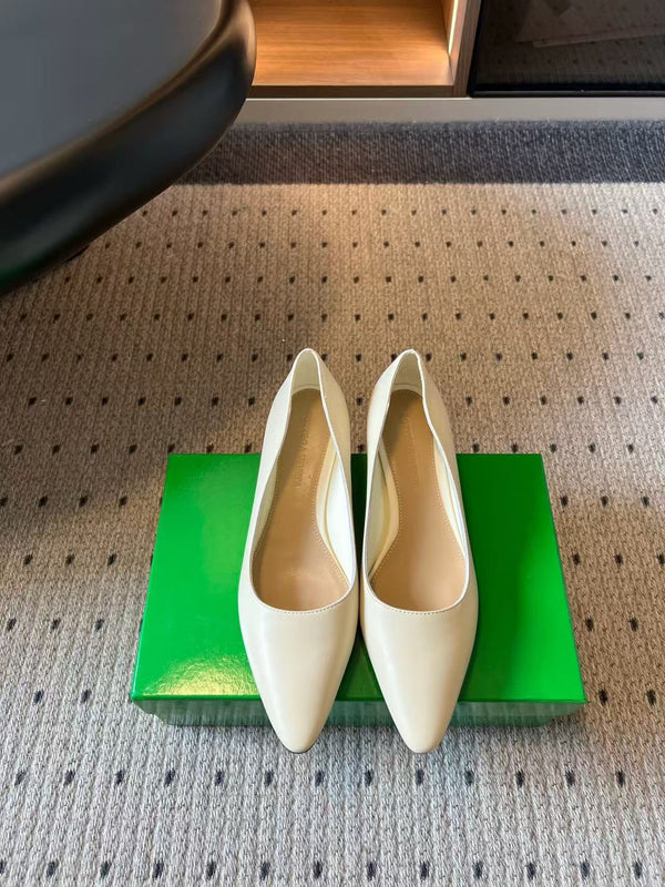 BV Pointed-Toe Kitten Heel Pumps Cream Leather