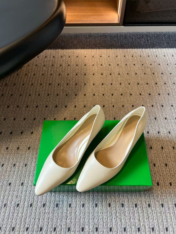 BV Pointed-Toe Kitten Heel Pumps Cream Leather