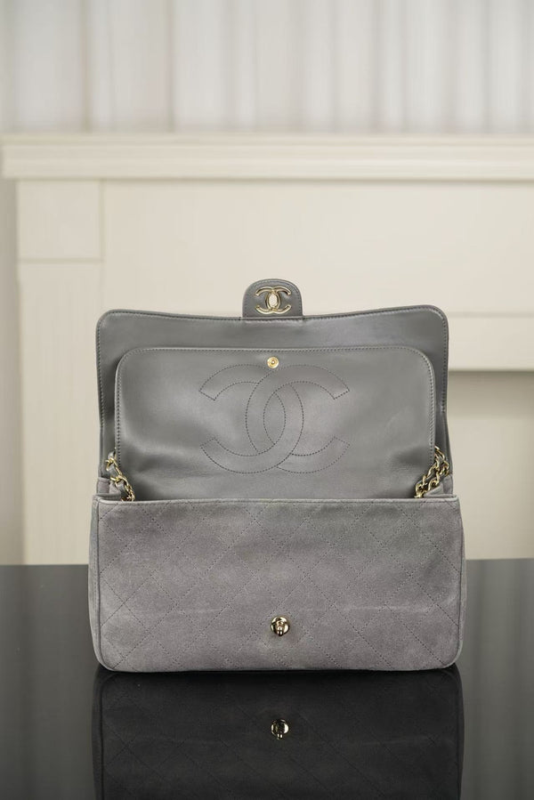 Chanel Maxi Flap Bag 32cm Grey Suede Leather