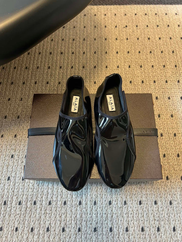Alaia Criss Cross Ballet Flats Black Patent Cowhide Leather