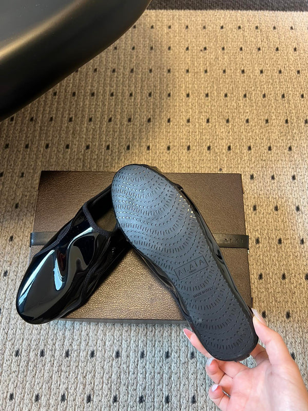 Alaia Criss Cross Ballet Flats Black Patent Cowhide Leather