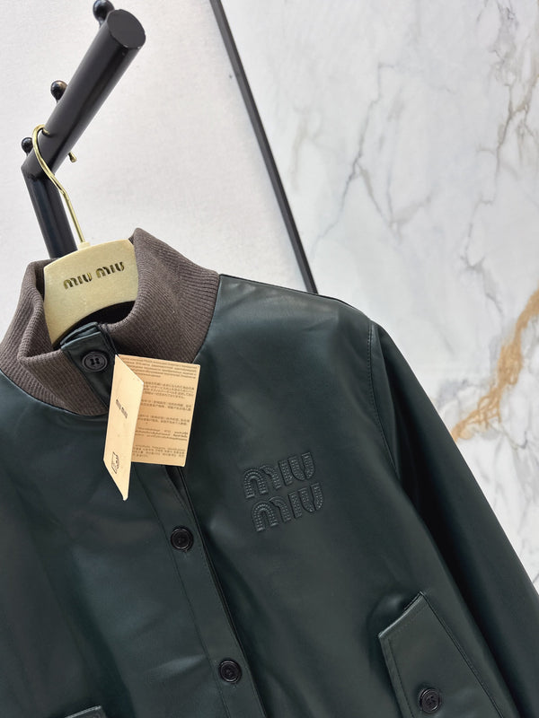 Miu 26S Bomber Jacket Dark Green PU Leather