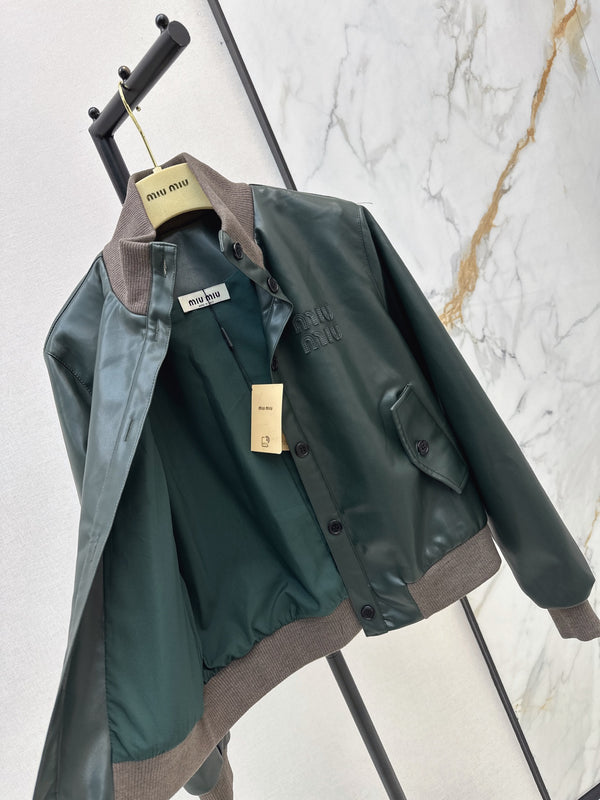 Miu 26S Bomber Jacket Dark Green PU Leather