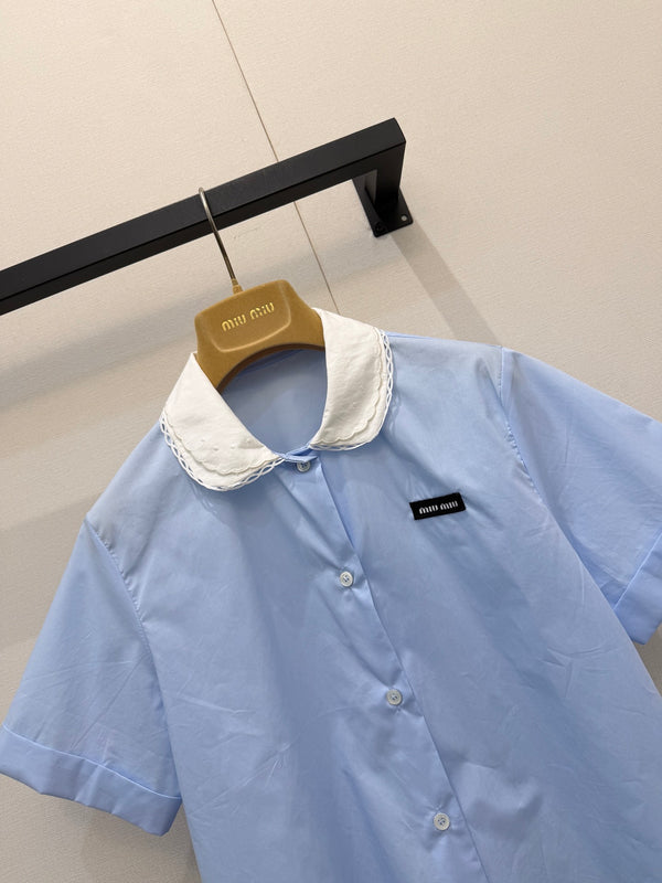 Miu 26S Poplin Shirt Contrast Collar Light Blue Cotton