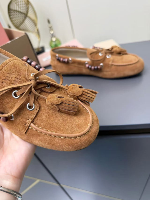 Miumiu Deck Loafers With Tassels Brown Suede