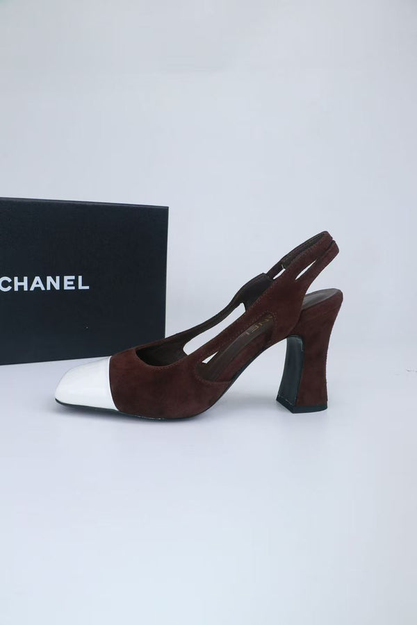 CC Slingback Pumps 9cm Dark Brown White Suede