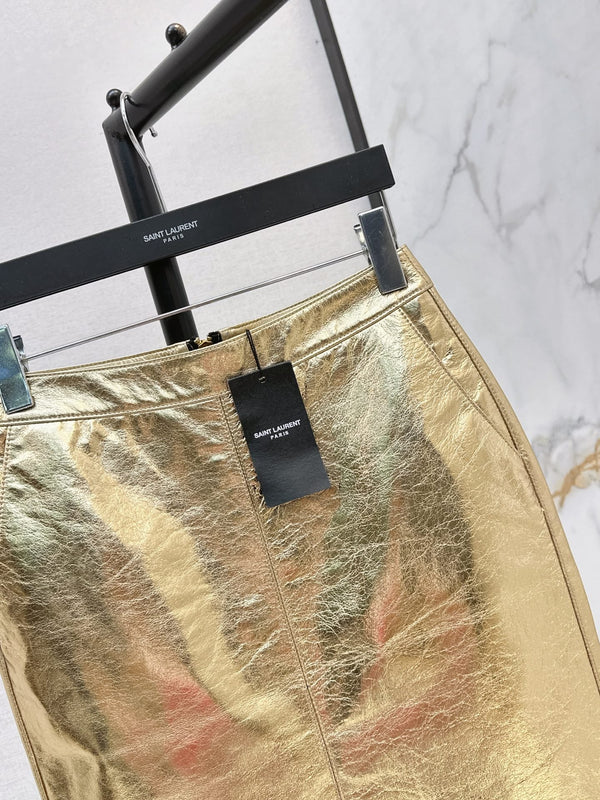 YSL Crinkled Midi Skirt Metallic Gold Leather