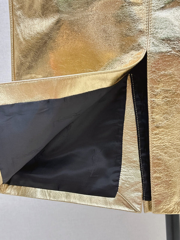 YSL Crinkled Midi Skirt Metallic Gold Leather
