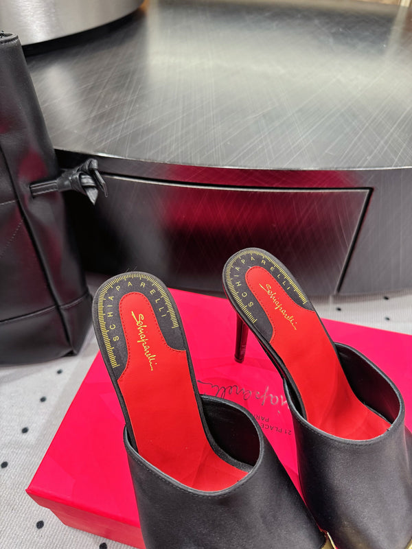 MS Trompe L'oeil Toe Mules Black Gold Leather Blend With Silk