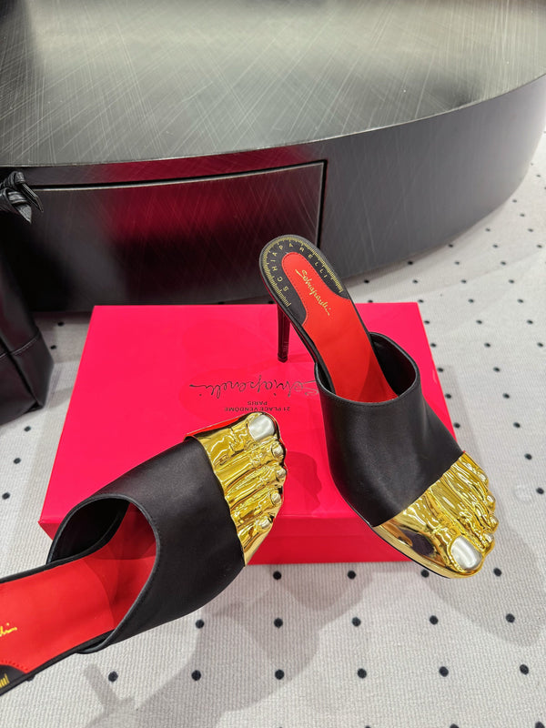 MS Trompe L'oeil Toe Mules Black Gold Leather Blend With Silk