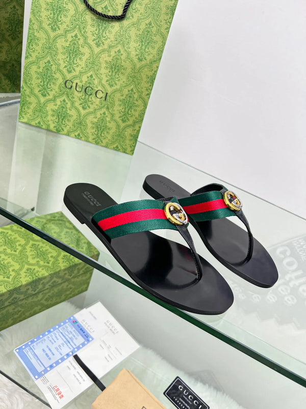 GG 26SS Kika Thong Sandals Web Stripe Interlocking Logo Black Rubber