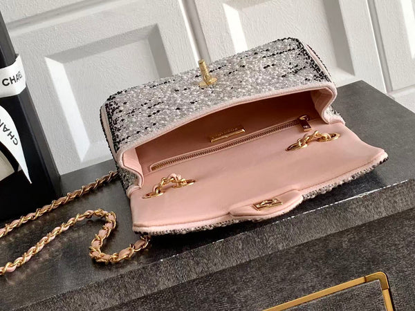 CC Mini Flap Bag 20cm Pink Black Sequin Leather