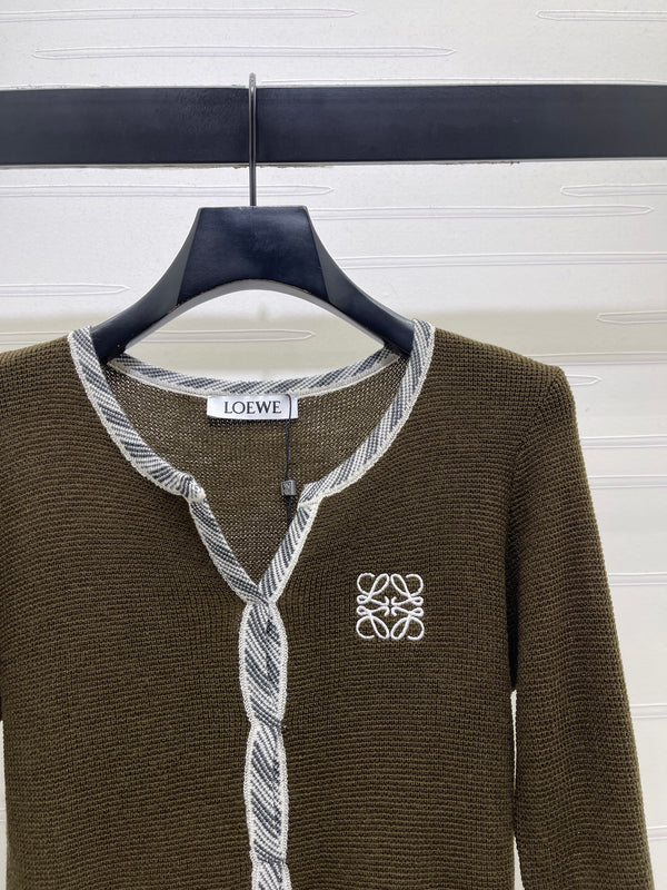 Loewe V-Neck Cardigan Textured Twisted Trim Embroidered Anagram Logo Polyester