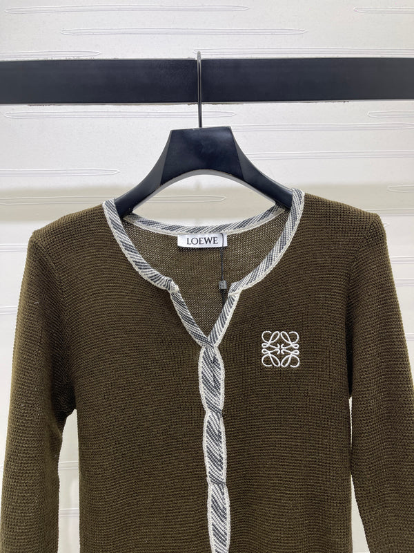 Loewe V-Neck Cardigan Textured Twisted Trim Embroidered Anagram Logo Polyester