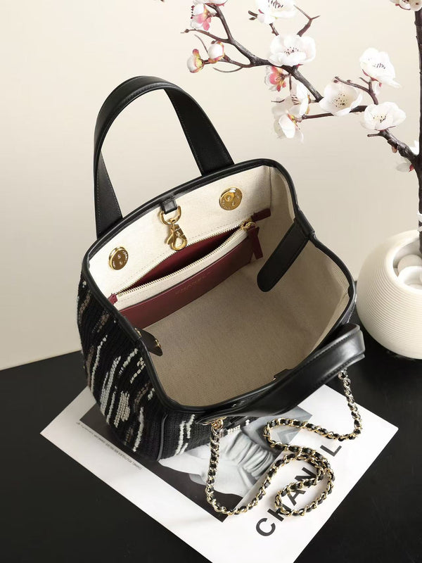 CC Mini Tote Bag Gold-Tone Chain Strap 21 cm Striped Canvas
