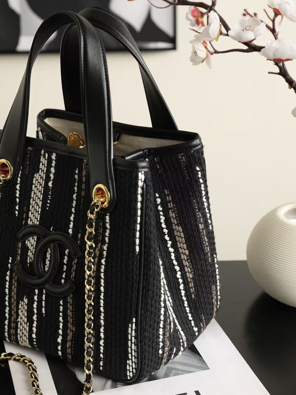 CC Mini Tote Bag Gold-Tone Chain Strap 21 cm Striped Canvas